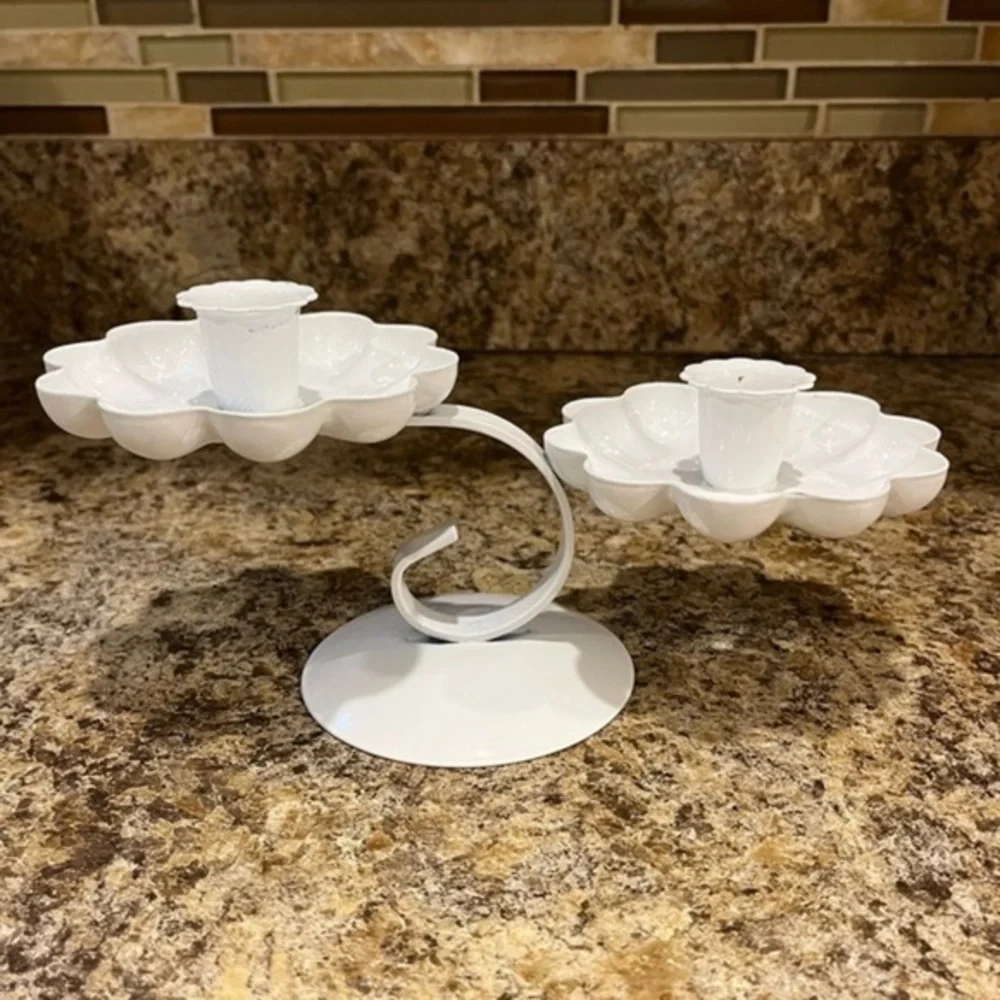 Vintage White Metal Double Candlestick Holder Tiered Flower Shaped